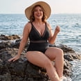 thumbnail image 2 of GRACE & GRANDEUR Women's Plus Size 1 Piece Swimsuit Mesh V Neck Tummy Control Push Up High Waisted Bathing Suit Beach Summer Swimwear Set 3X Black, 2 of 8