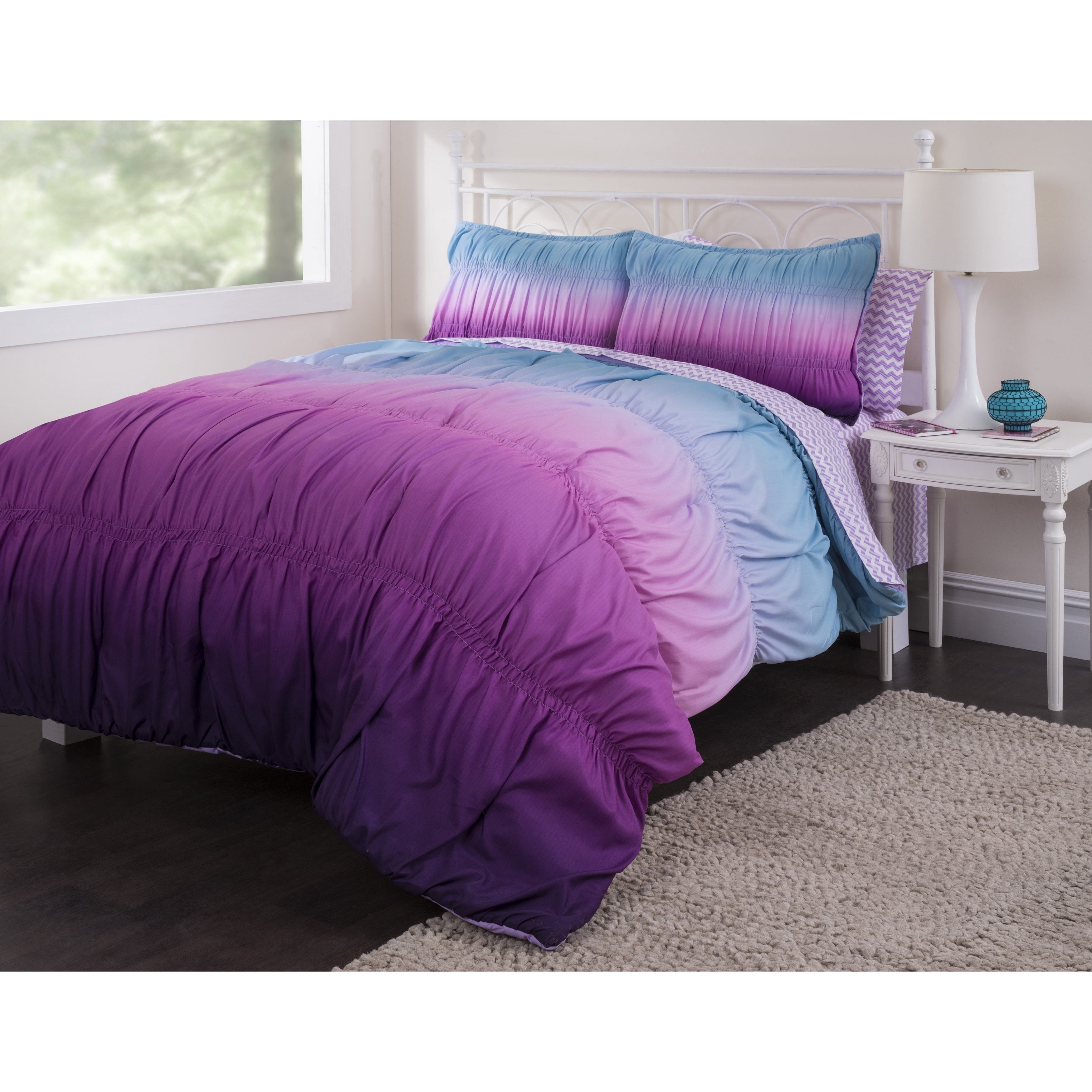 Heritage Club Ombre Ruched Kids 6 Piece Comforter Set, Queen, Purple
