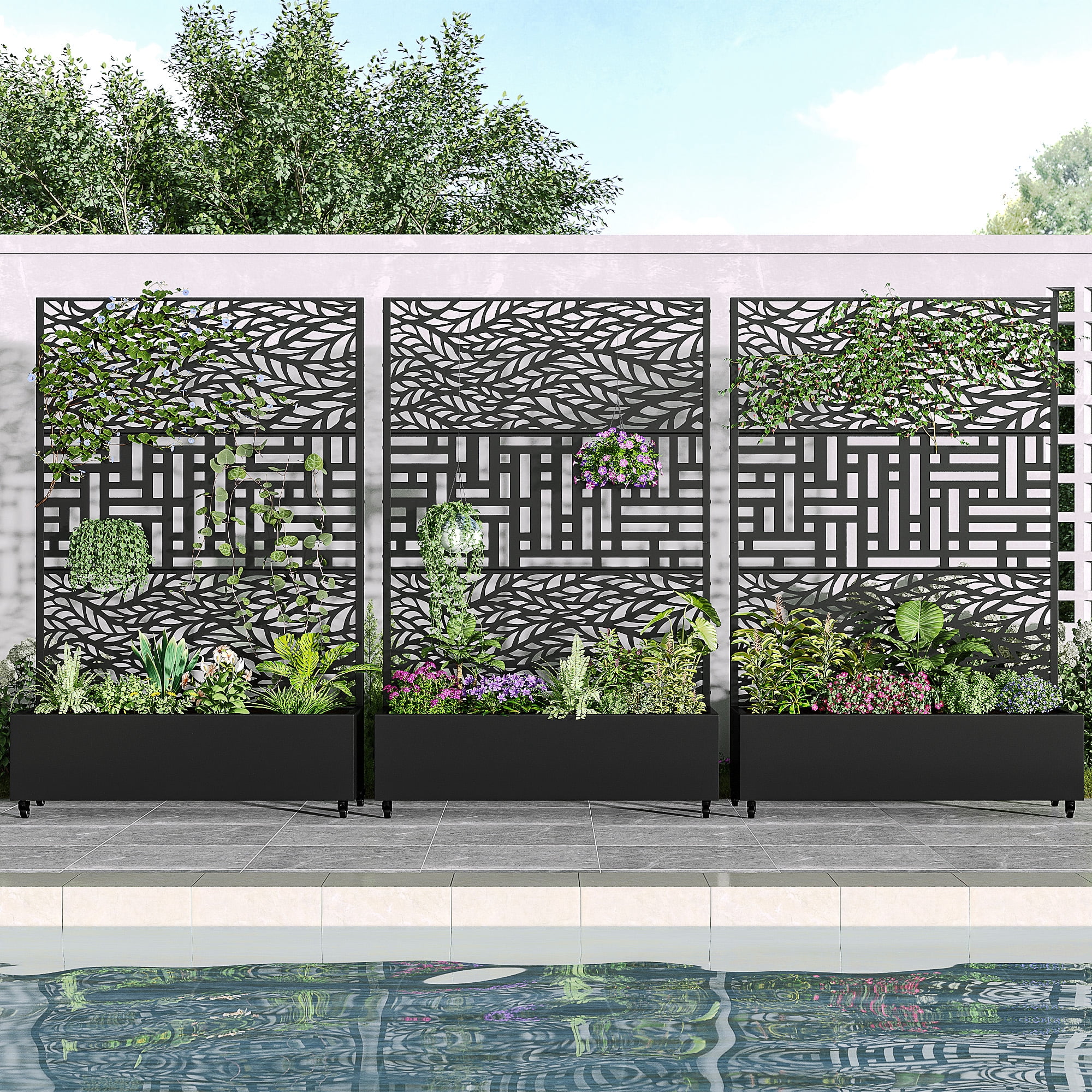 MAYEERTY 3-Set 47*16" Outdoor Black Metal Planter Box with Trellis for Climbing Plants,Leafy & Street Pattern