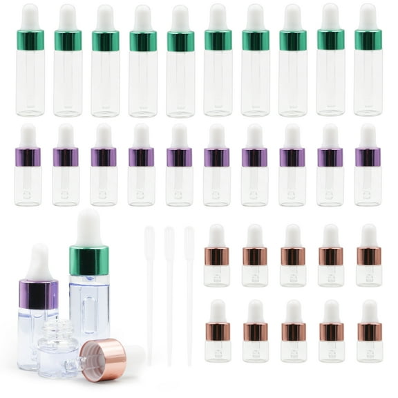 30 Pack Glass Dropper Bottles, 3 Different Volume Clear Glass Sample Dropper Bottles with Dropper Pipettes Refillable Sample Dropper Bottle for Essential Oils Perfume Cosmetic Liquid(1ml 3ml 5ml)