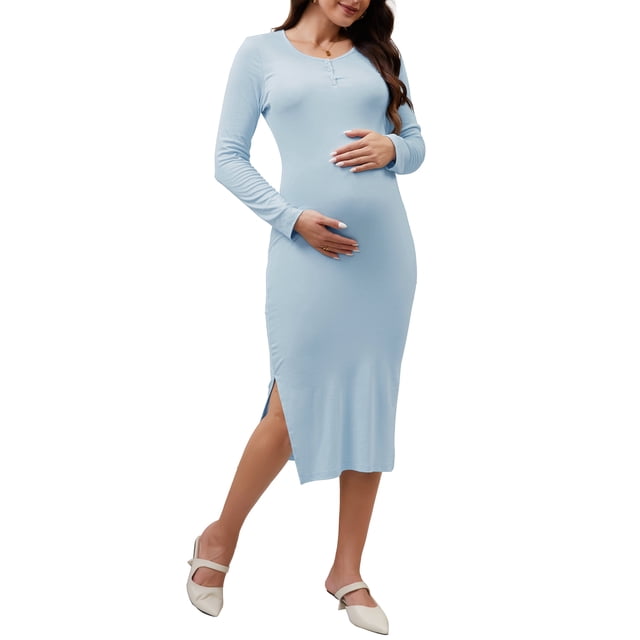 INSPIRE CHIC Vestido de Maternidad para Mujeres con Abertura de Manga Larga, Cuello Henley, Botones, Cuerpo Ajustado de Punto Acanalado para Sesión de Fotos de Embarazo L Azul