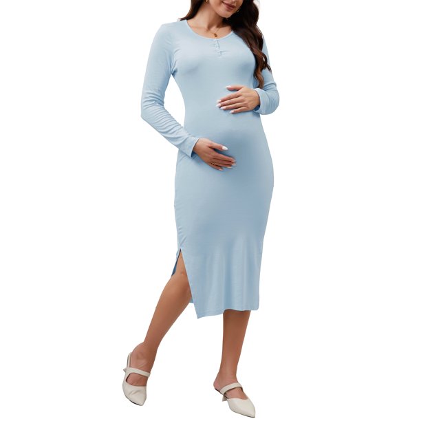 INSPIRE CHIC Vestido de Maternidad para Mujeres con Abertura de Manga Larga, Cuello Henley, Botones, Cuerpo Ajustado de Punto Acanalado para Sesión de Fotos de Embarazo L Azul
