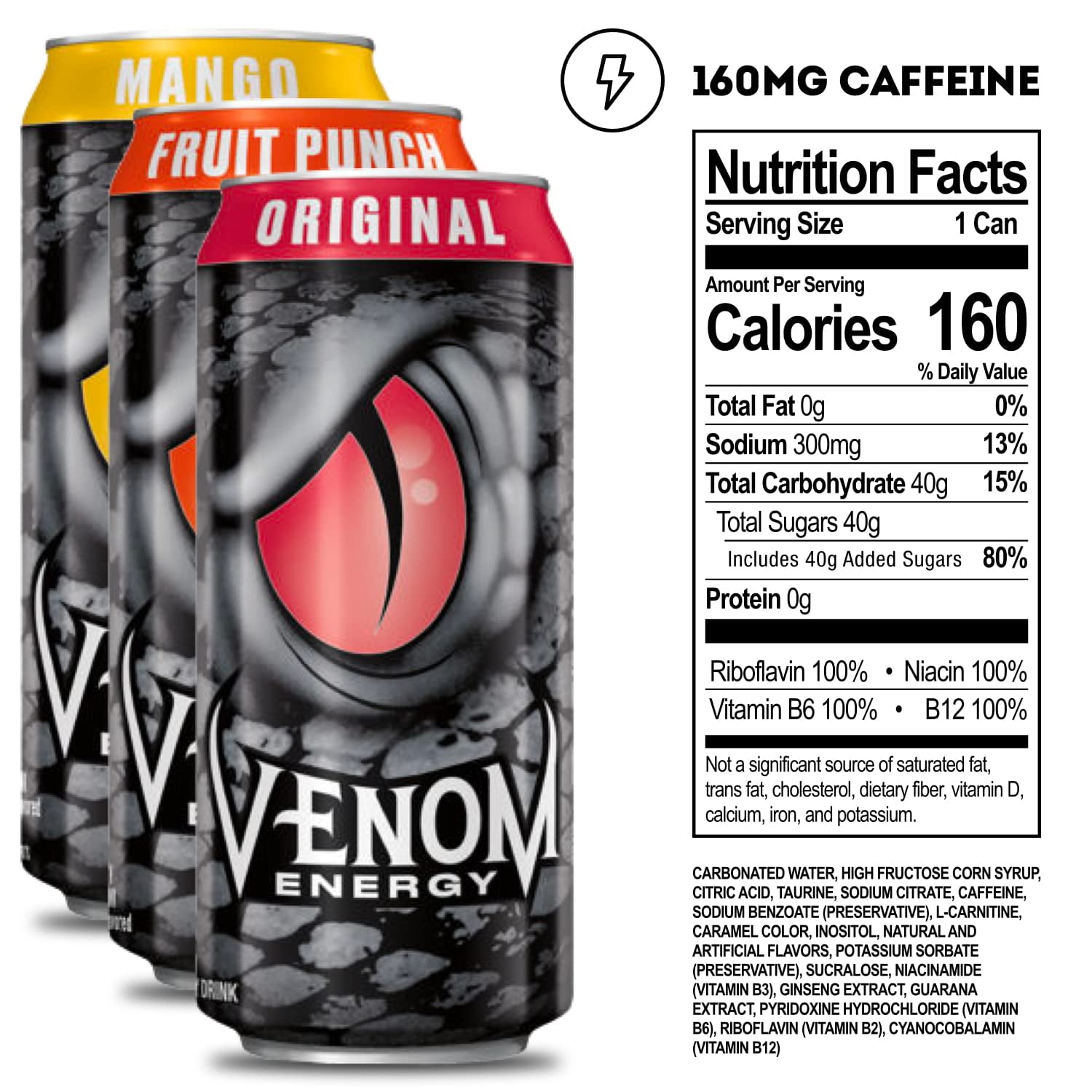 Venom Energy Drink, Variety Pack (Original, Mango, and Fruit Punch), 0 Fat, 160mg Caffeine, 16 Fl Oz (Pack of 12)