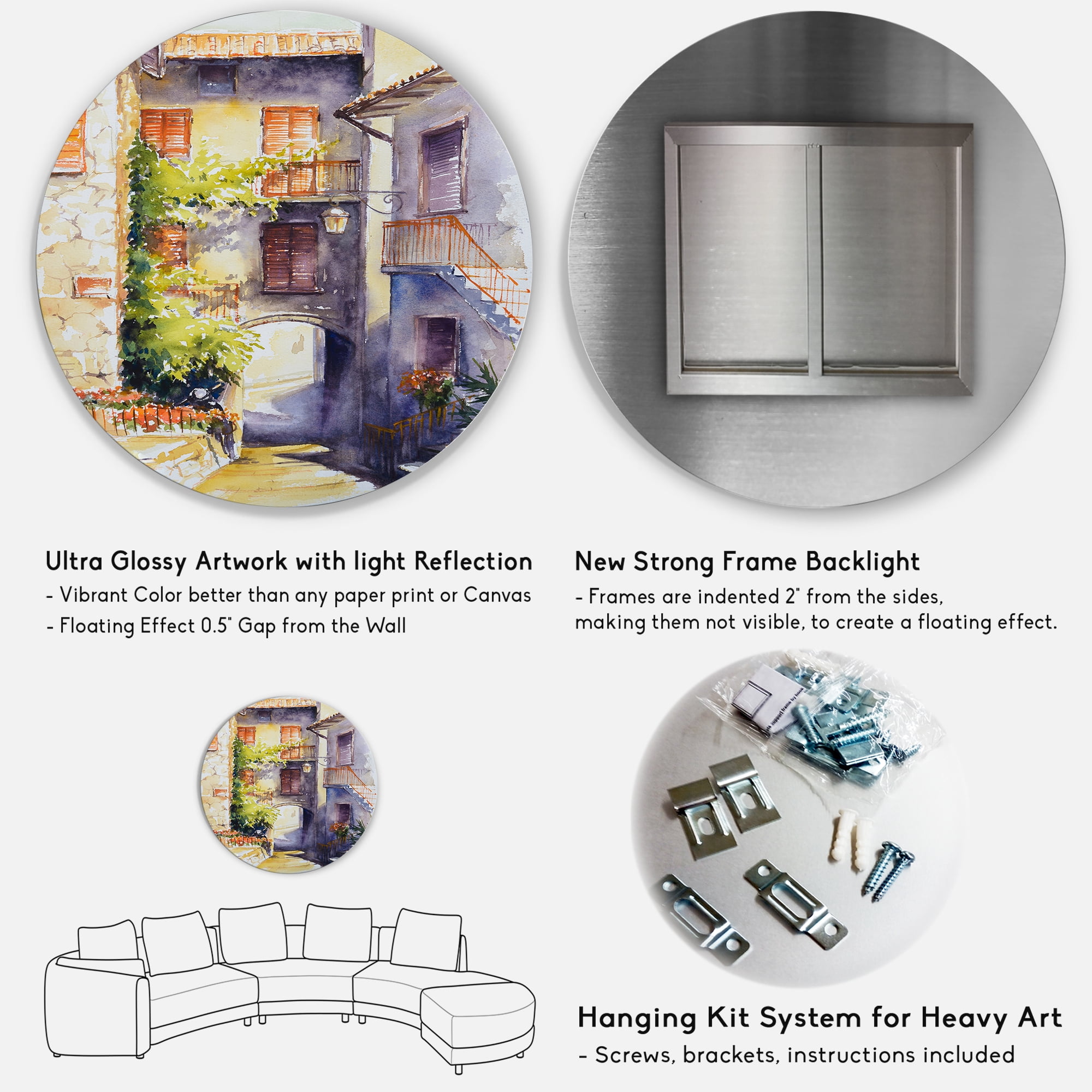 Designart 'Idyllic and Rustic Italian VIllage' Country Circle Metal Wall Art 11x11 - Disc of 11