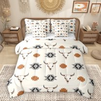 Homewish Retro Bull Skull 7 Pieces Bedding Comforter Set,Boho Tribal Full Bedding Set,Rustic Western Aztec Fitted Sheet Flat Sheet For Boys Kids,Breathable Home Decor Reversible