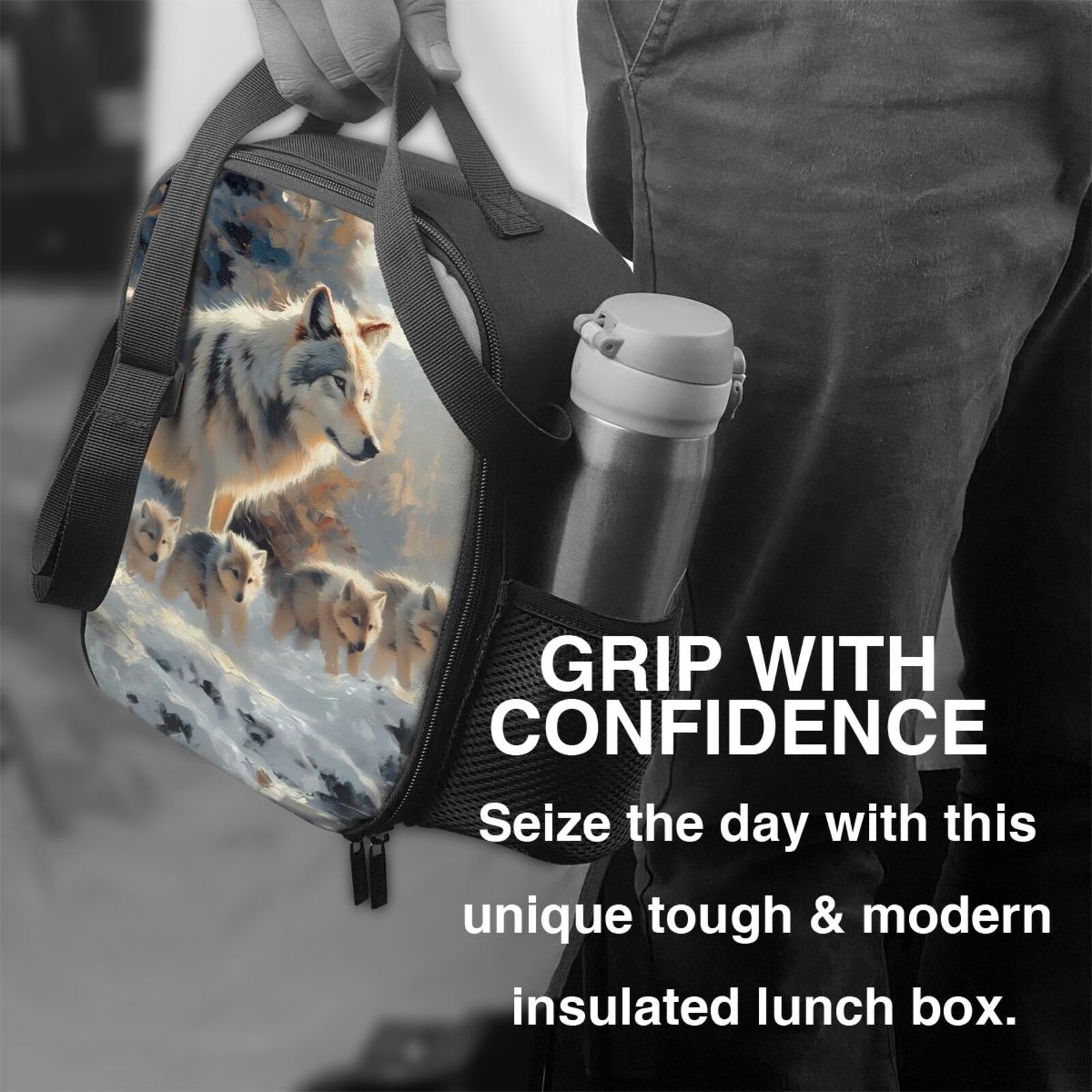 Defioc Wolf Family Winter Wonderland Print Lunch Box for Men & Women, Insulated Lunch Bag Thickened Thermal Leakproof Lunch Tote Bag for Adult Office Travel Picnic