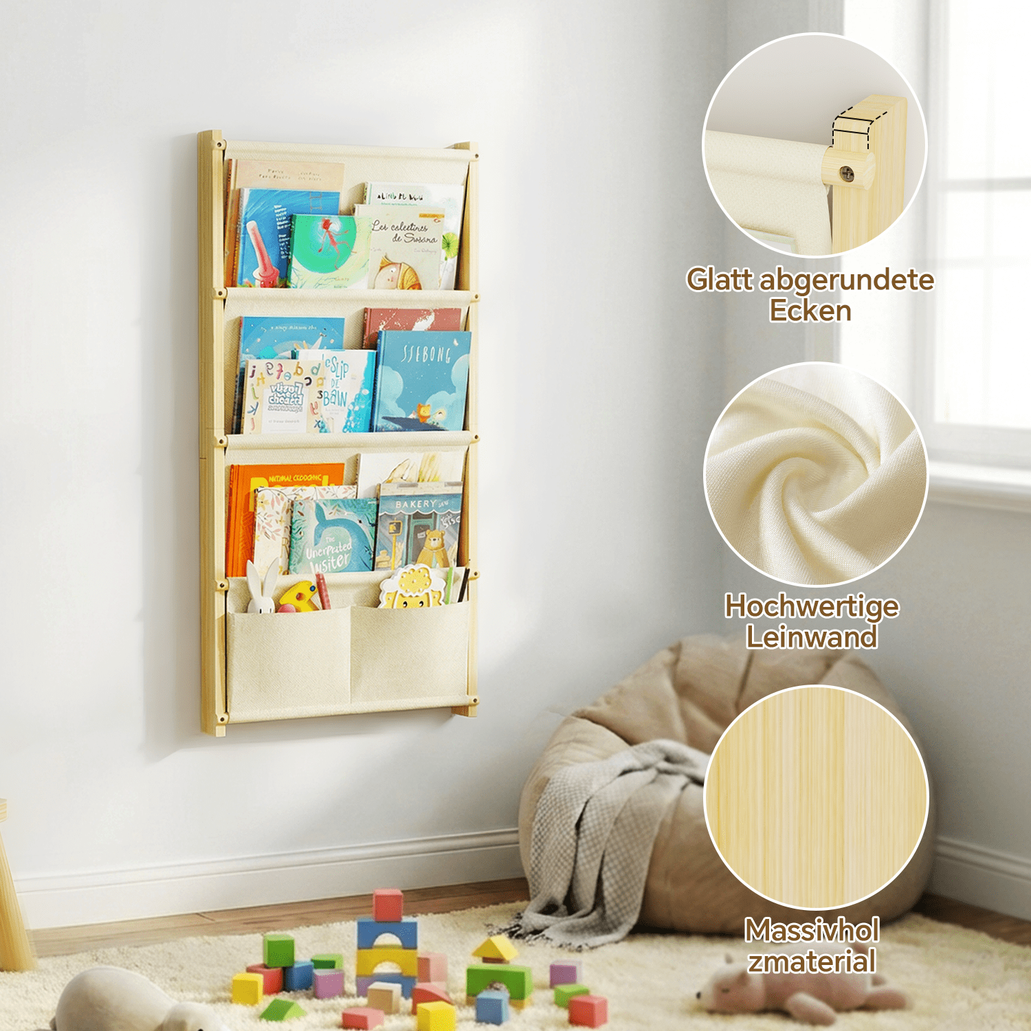 Wood 4-Tier Wall Mounted Kids Bookshelf – Floating Book Shelf for Kids Rooms, Nursery & Classroom, Hanging Bookcase Organizer for Books, Toddler Book Shelf, Montessori Bookshelf, Nursery Shelves