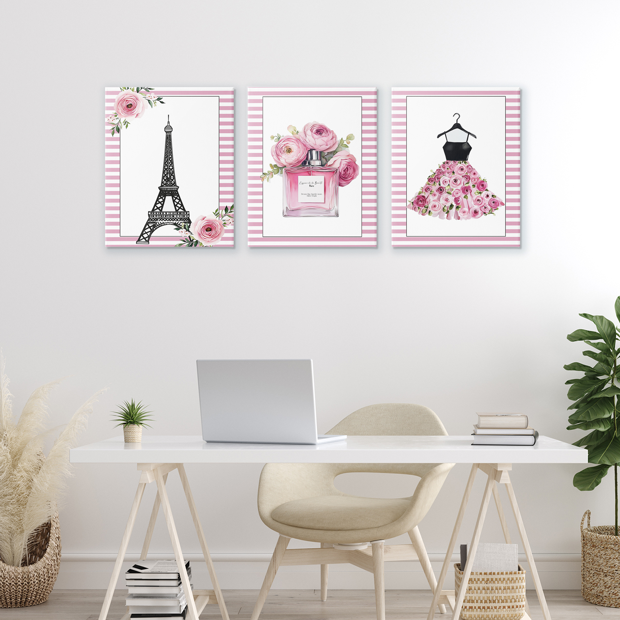 Parisian Glam with Stripes 3 Piece Canvas Wall Art Set, design by Christine Simpson Art