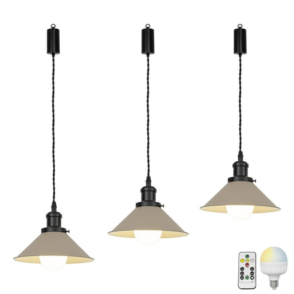 KAYYELAMP 3-Pack Remote LED Bulb Rechargeable Battery Adjusted Height Hanging Light Dimming Timing Black & Khaki Metal Lamp Vintage Design for Kitchen Farmhouse