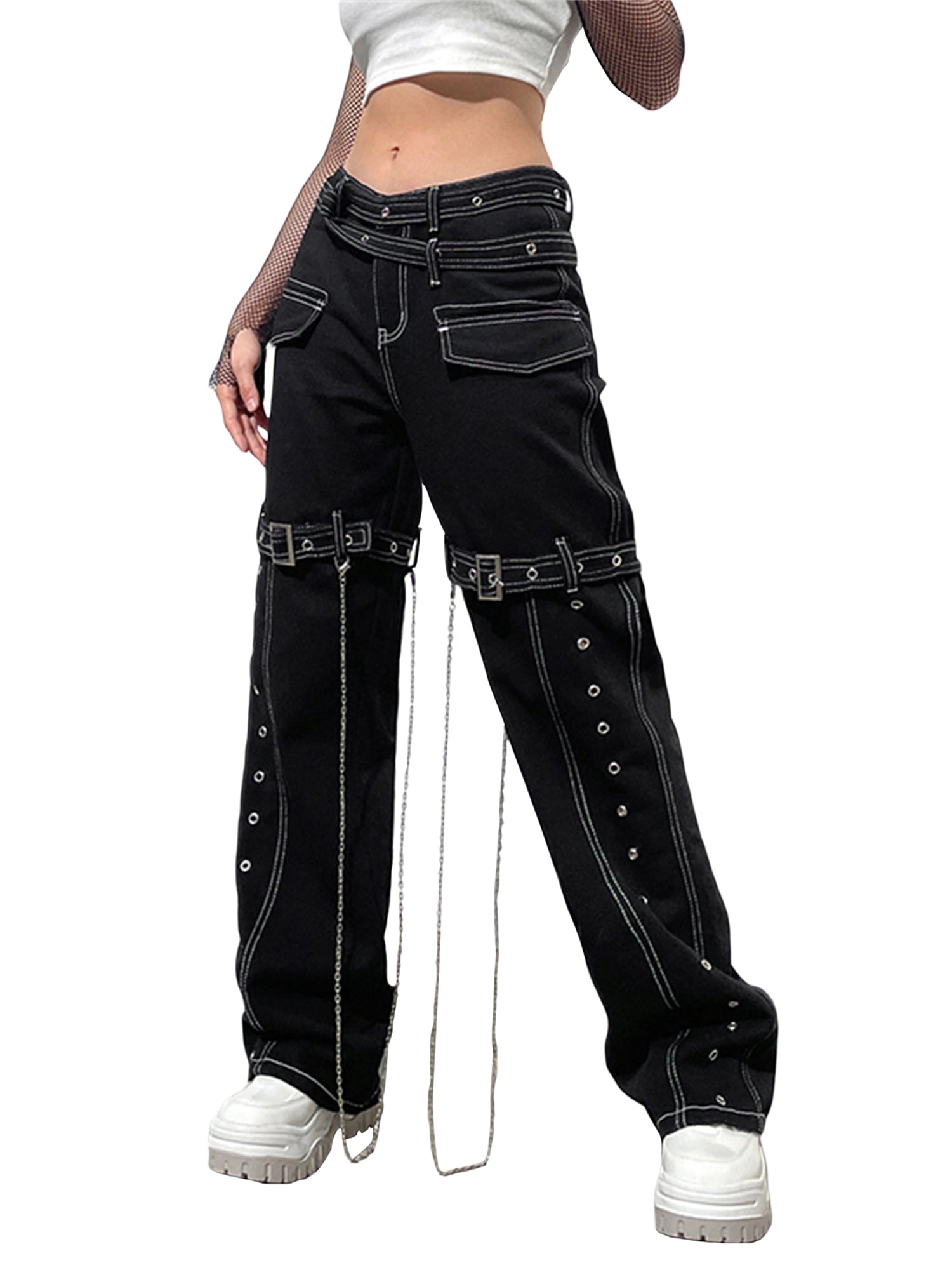 Ynocfri Women Harajuku Goth Pants Wide Leg Low Rise Baggy Pants Grunge Gothic Cargo Pants with Chain Streetwear 
