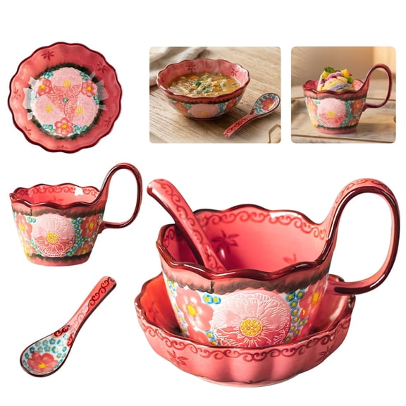 Calolin Soup Bowl Set Glazed Floral Ceramic Pink Dishwasher Safe 3-Piece