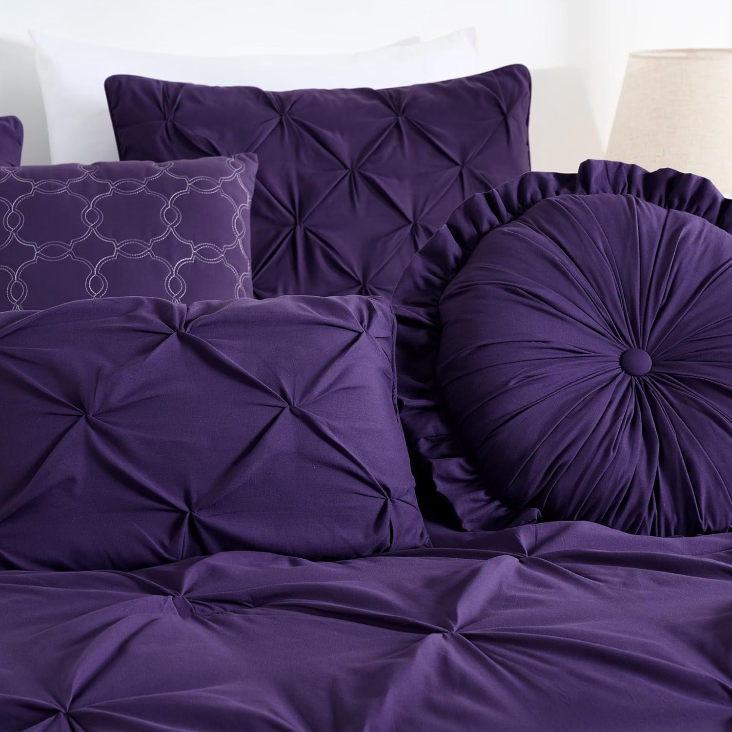 Chezmoi Collection Sydney 7-Piece Pinch Pleat Comforter Set, Lightweight Pintuck Bedding for All Season, Queen, Purple