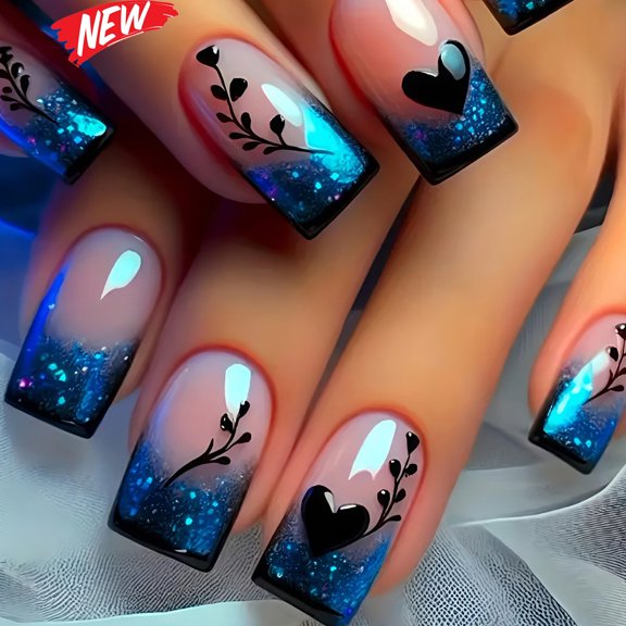24Pcs Medium Square Press On Nails for Women, Blue Glitter Gradient French Fake Nails with Black Heart Leaf Pattern, Reusable Glue‑On False Nail Tips for Dating Party Daily Manicure