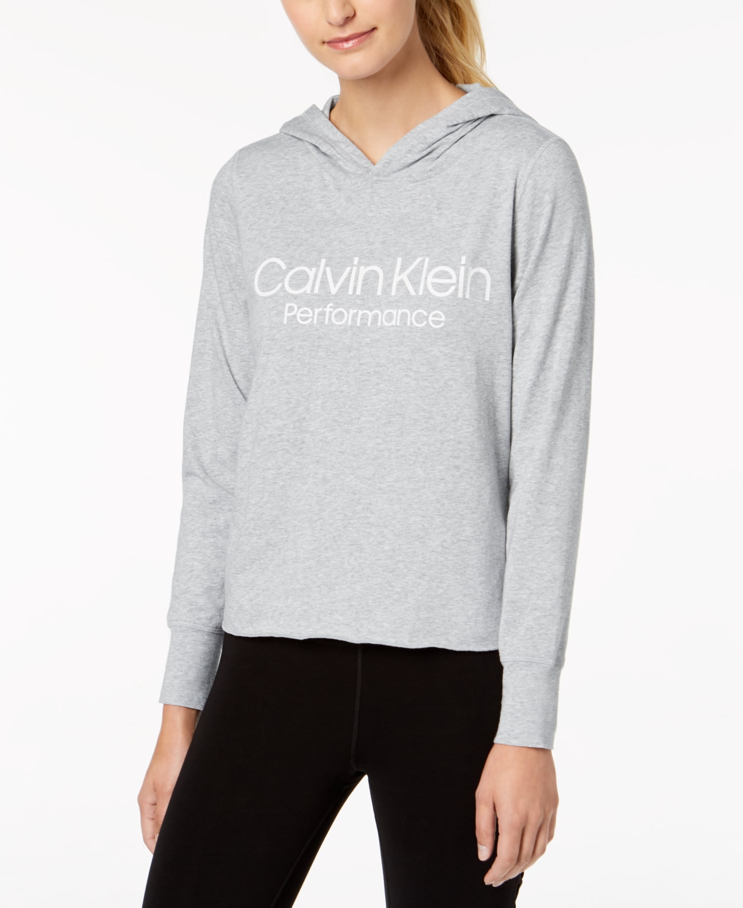 Calvin Klein Womens Performance Logo Cropped Hoodie,Pearl Heather  Grey,Large 