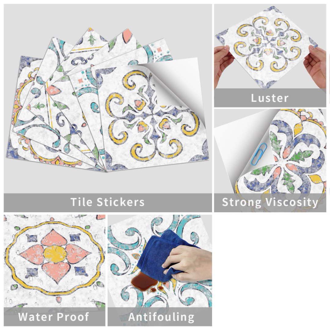 24 Piece Waterproof Vinyl Tiles Stickers 8 x 8in DIY Decor Floral Pattern Self Adhesive Wall Decals Mural Peel and Stick Tile Kitchen Backsplash