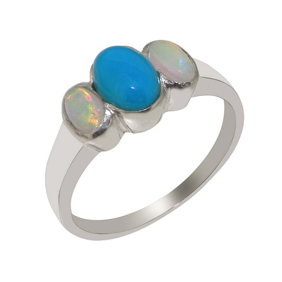 LBG British Made 925 Sterling Silver Natural Turquoise & Opal Womens Anniversary Ring - 33 size options - Size 10