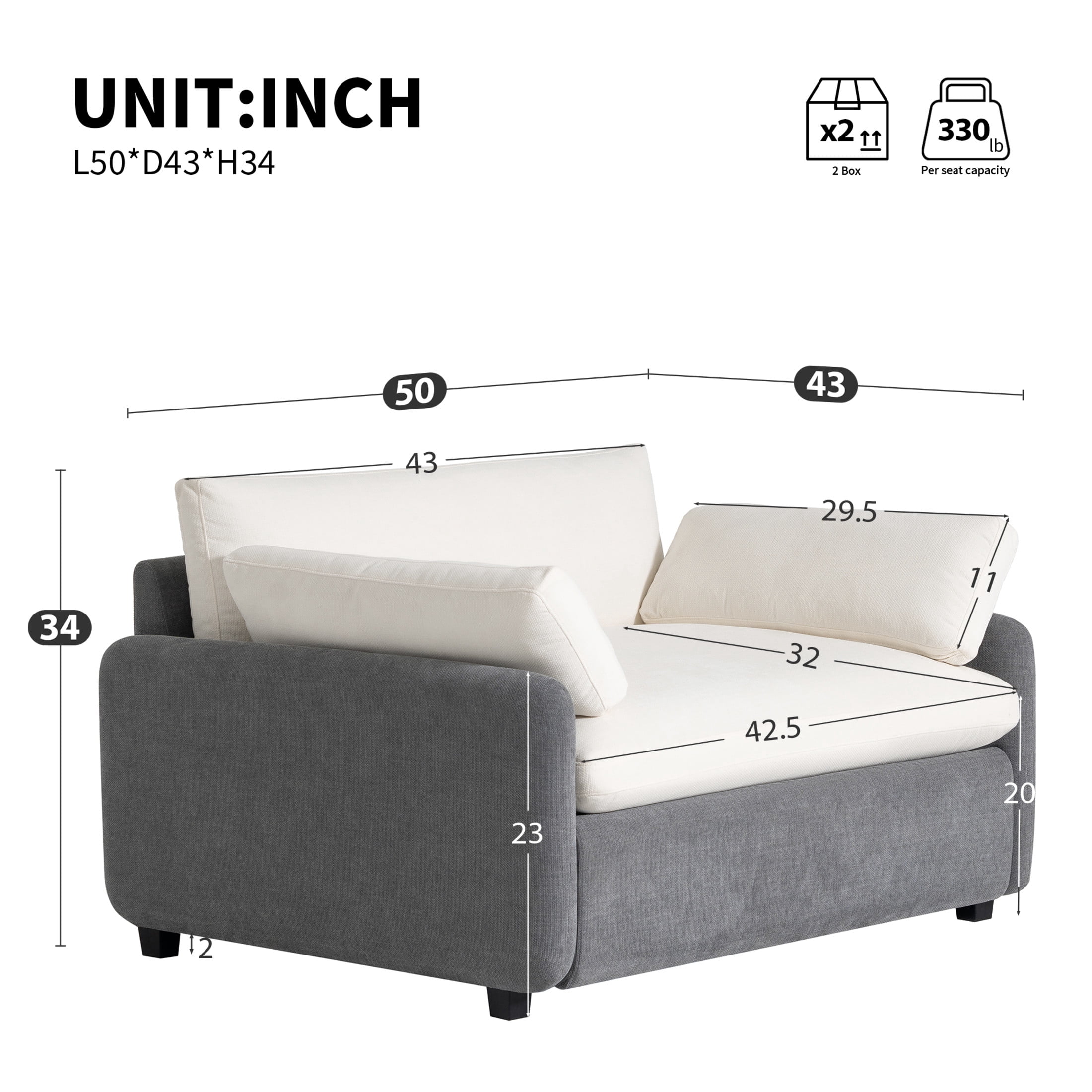 Noble House Iveron Oversized Chenille Upholstered Single Sofa Chair, Armchair Couch with Armrest Pillows, Gray & Cream
