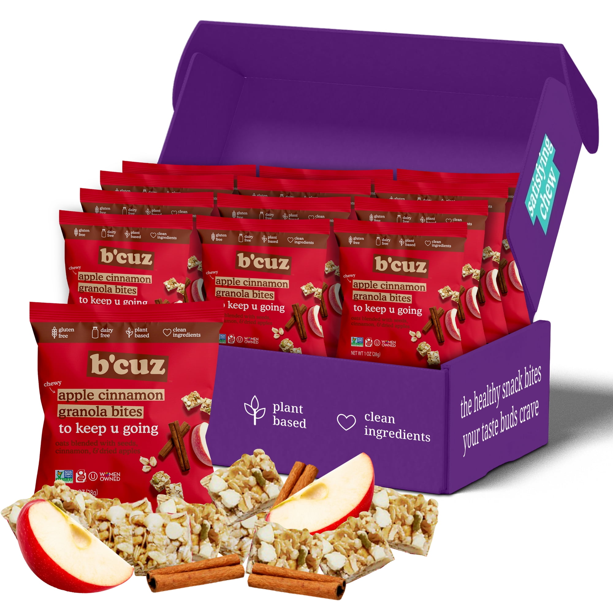 B’cuz Apple Cinnamon Granola Bites Box, Gluten Free, Dairy Free, Vegan & Kosher Healthy Oat Snacks with Almonds & Seeds, On-the-Go Breakfast Snack Treats for Kids & Adults, 1 oz Each (12 Pack)