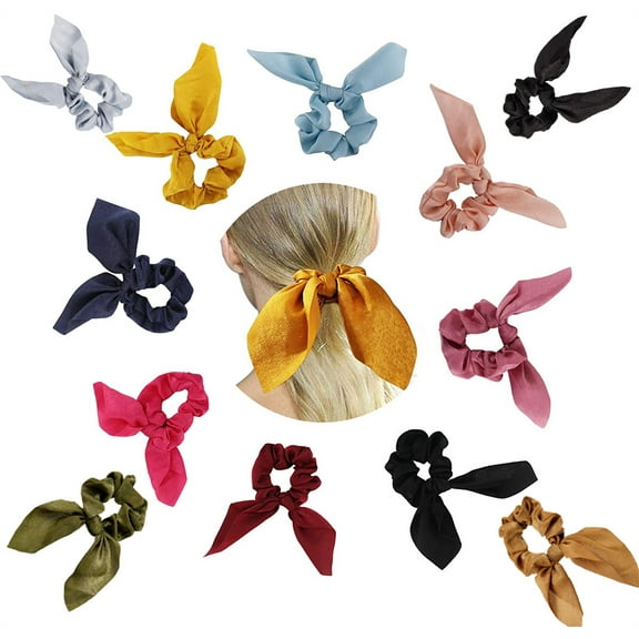 NOGIS 12 Pack Bow Scrunchies for Hair Soft Satin Silk Hair Ties Scrunchy Elegant Elastic Hair Cute Scrunchies 12 Solid Colors for Women Girl