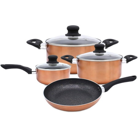 7 Piece Nonstick Cookware Set Induction Marble Coating Cooking Saucepan Frypan Casserole Pots and Pans With Lids Hard Pressed Aluminum Soft Touch Handles Stovetop Safe No
