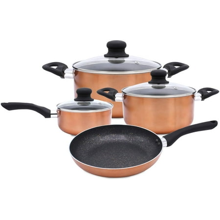 - Bergner 7 Piece Set Marble Coating Induction Cooking Nonstick Cookware Saucepan Frypan Casserole Pots and Pans With Lids Hard Pressed Aluminum Soft Touch Handles Stovetop Safe No PFOA
