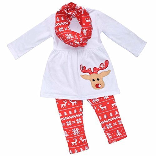 Unique Baby Girls 3 Piece Christmas Reindeer Bow Outfit with Scarf