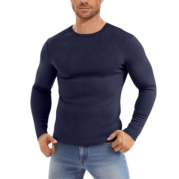 lulshou Men's Solid Color Mesh Shirt Stretch Long Sleeve Crewneck Casual Breathable Top Breathable Comfortable Casual Shirt, Navy, M