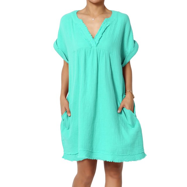 Robe Mini Babydoll en Gaze de Coton à Manches Courtes Col en V Décontractée pour Femmes