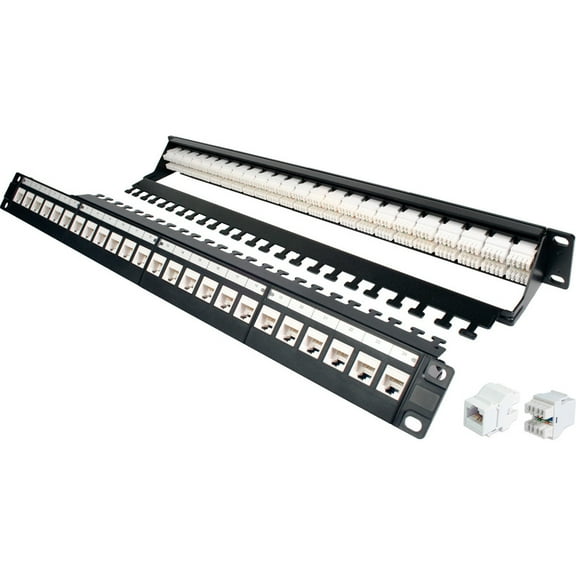 QUEST TECHNOLOGY CAT6A UTP PATCH PANEL W/ CABLE MANAGER - 24-PORT 180DEG, 19" RACK MNT, 1U