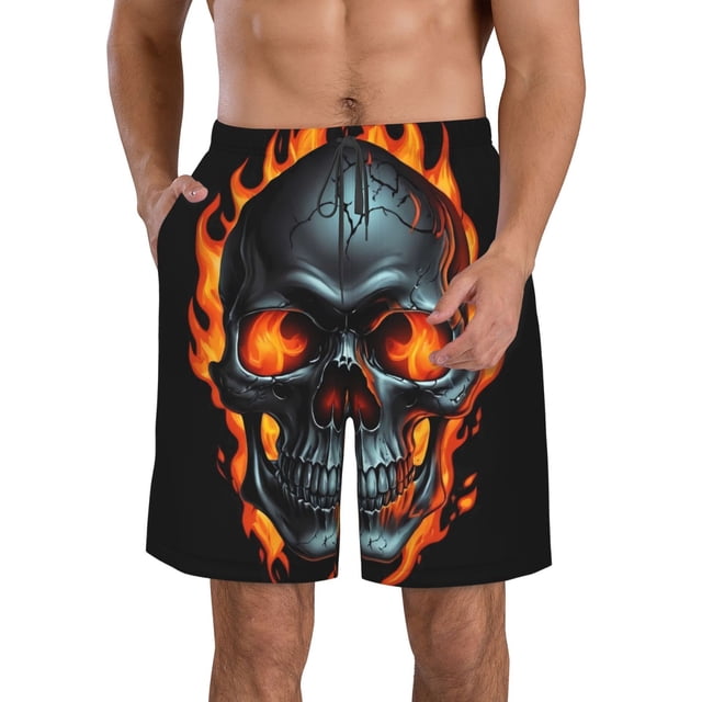 Fotbe Flame Metal Skull Trajes de Baño Estampados para Hombre, Shorts de Verano de Secado Rápido, Ropa de Playa, Bañadores-3X-Large