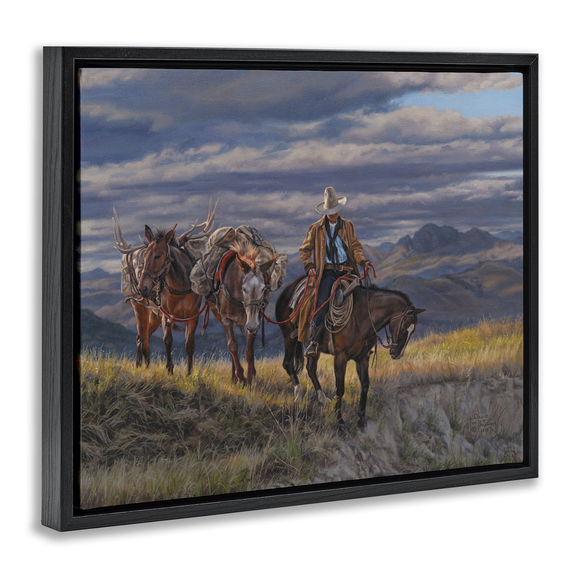 Stupell Industries Sauntering Cowboy & Horses Landscape Painting Black Floater Framed Canvas Art Print Wall Art, 31 x 25