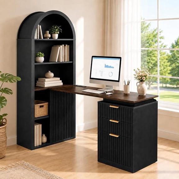 NORTHSKY 61" L Shaped Desk,Fluted Corner Computer Desk with Power Outlets, 3 Drawers for Home Office, Black