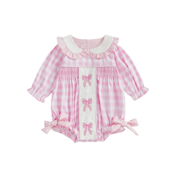 Gzhioc Baby Girl Bubble Romper Plaid Print Bow Embroidery Doll Collar Long Sleeve Bodysuit