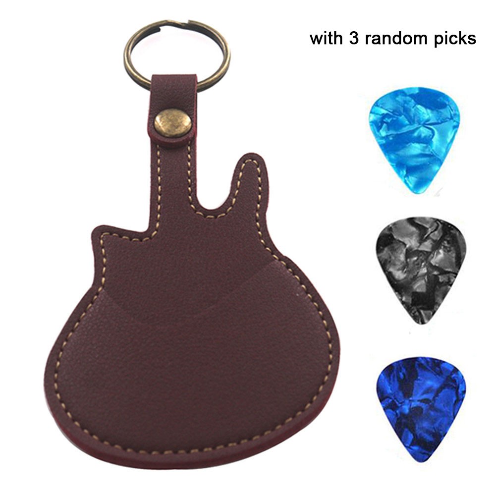 Soft Leather Keychain Guitar Pick Holder Plectrum Case Carry With 3