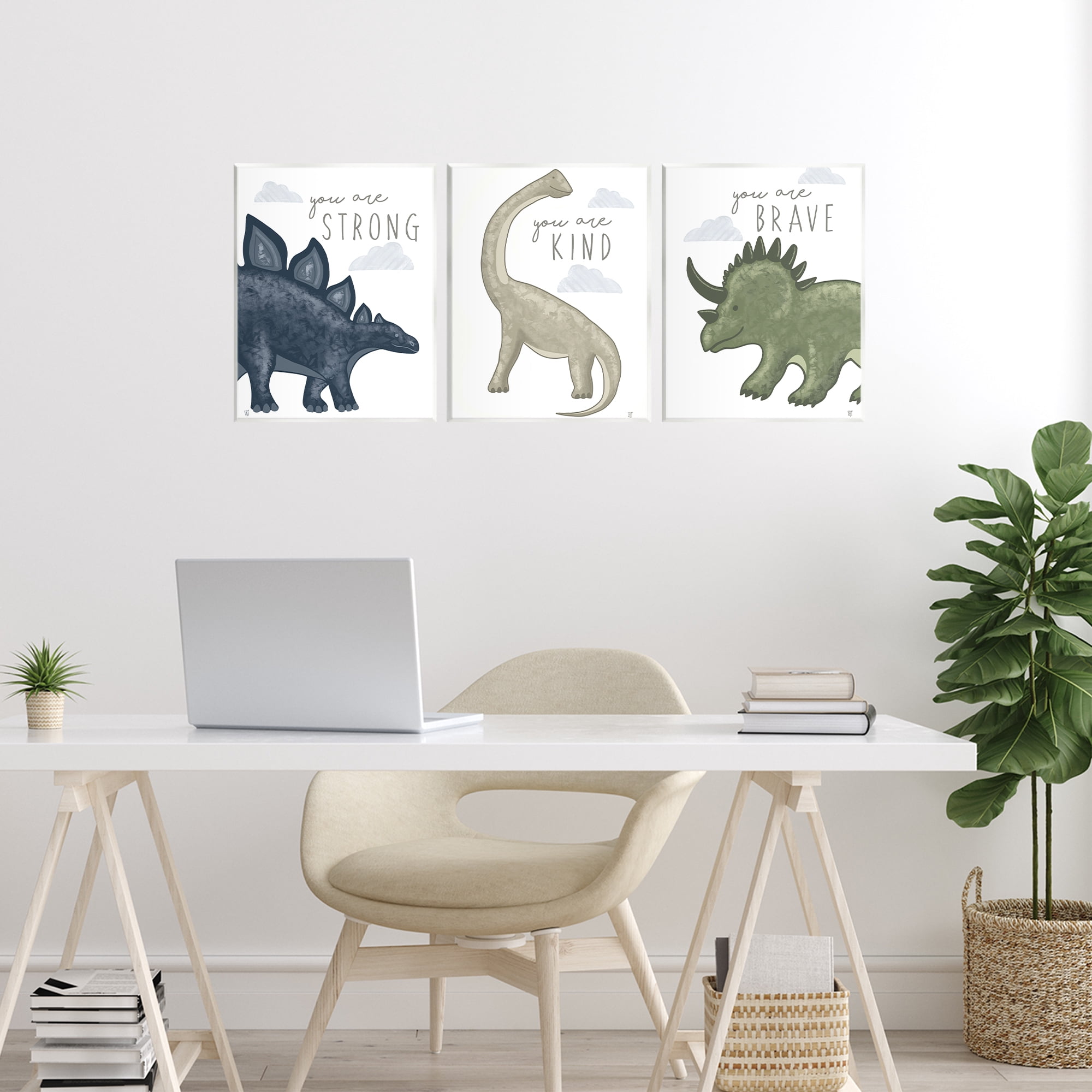 Stupell Industries Hopeful Encouraging Dinosaurs 3 Piece Wall Plaque Art Set, design by Elizabeth Tyndall