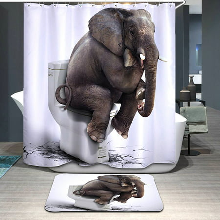 Waterproof Shower Curtain,72 X 72 Inch 3D Digital Elephant Print Bathroom Curtains With 3D Rugs Bath Mat Bath