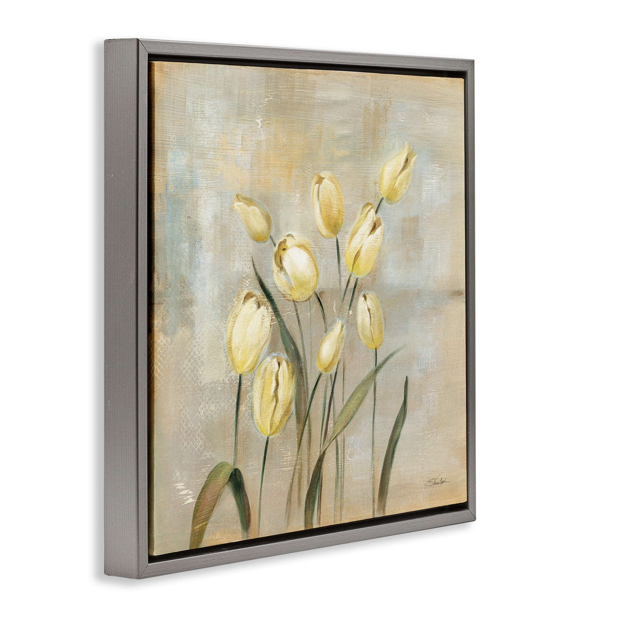 Stupell Industries Yellow Tulips on Beige Botanical & Floral Painting Gray Floater Framed Art Print Wall Art, 25 x 25