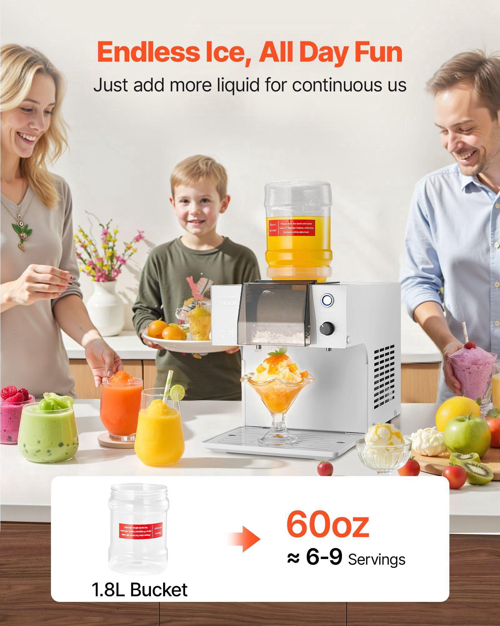 132LBS 24H Snowflake Ice Machine with Stainless Steel Blade 0.48Gal Tank 90S Fast Pre Cooling Electric Snow Cone Maker for Home Small Gathering