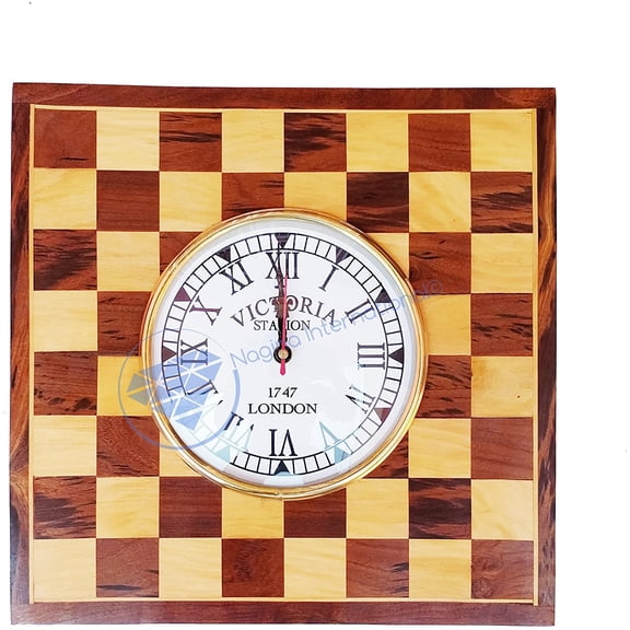 Nagina International Wooden Nautical Chess Styled Square Wall Clock - Home Decor Hanging
