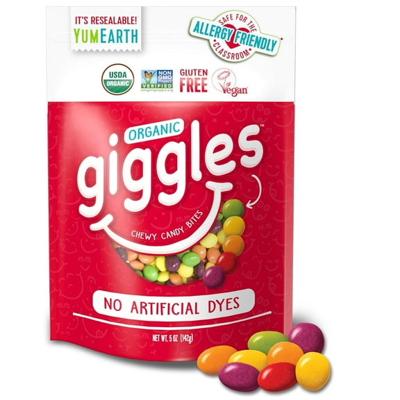 YumEarth Organic Giggles Chewy Candy - Allergy Friendly (Top 9 Free), No Artificial Dyes or Flavors, Non GMO, Gluten Free, Vegan Candy Snacks - 5 Ounce Bag
