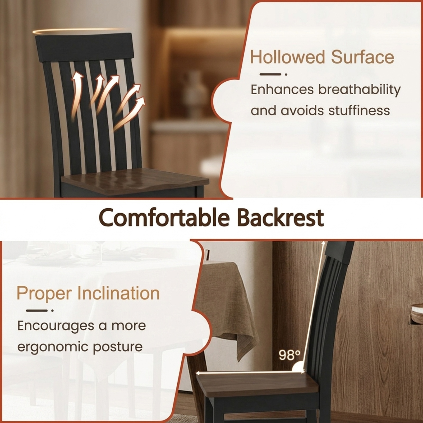 Furnibear Wooden Dining Chairs Set of 2 Armless Kitchen Chairs with Slatted High Backrests and Rubber Wood Legs for Dining Room, Black