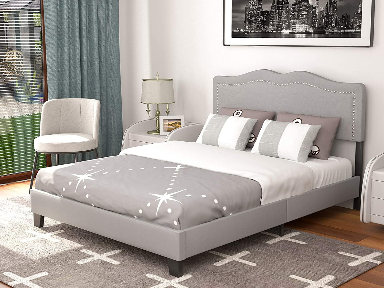 mecor Upholstered Linen Queen Platform Bed Frame Mattress Foundation