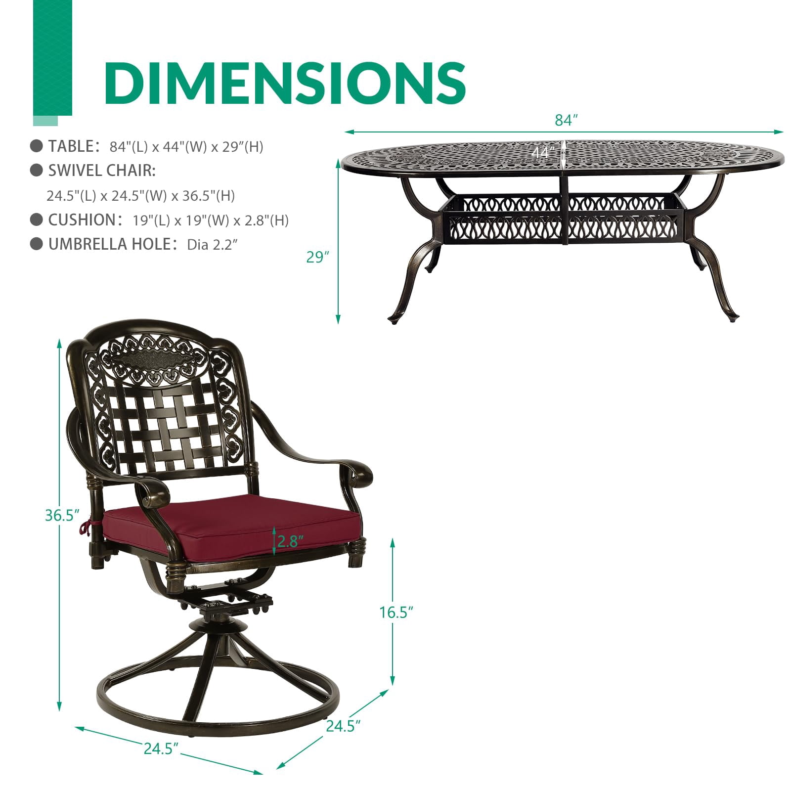 VIVIJASON 9-Piece Outdoor Patio Furniture Dining Set, All-Weather Cast Aluminum Conversation Set, Include 8 Swivel Dining Chairs and an Oval Table with Umbrella Hole for Garden Backyard, Red Cushion