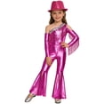 thumbnail image 1 of RUNQHUI Kids Girls Metallic Ruffle Flared Jumpsuit with Hat Set Fringed Performance Disco Dance Outfit Hot Pink 12, 1 of 6