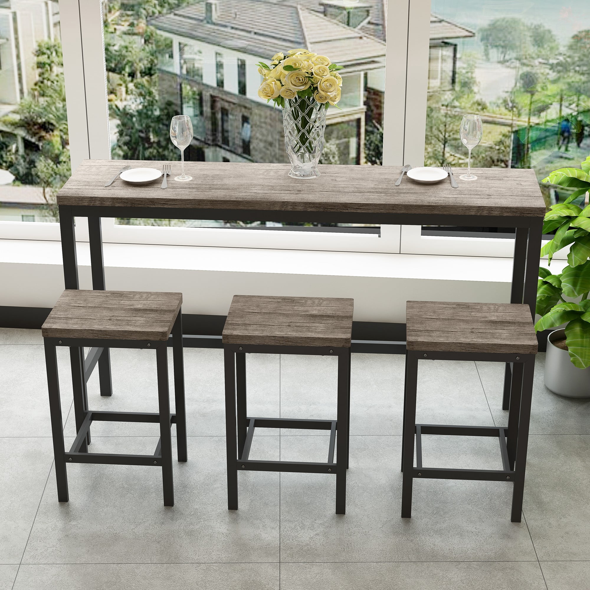 BSHTI 60.24" MDF Dining Room Table Set with Metal Frame, 3 Stools, Space-Saving Design for Kitchen Dining Room(Brown Gray)