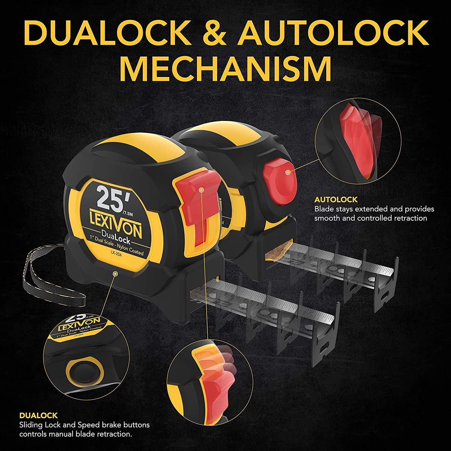 LEXIVON 4-Pack 25ft Tape Measure, AutoLock, 1-Inch Blade (LX-204X2)