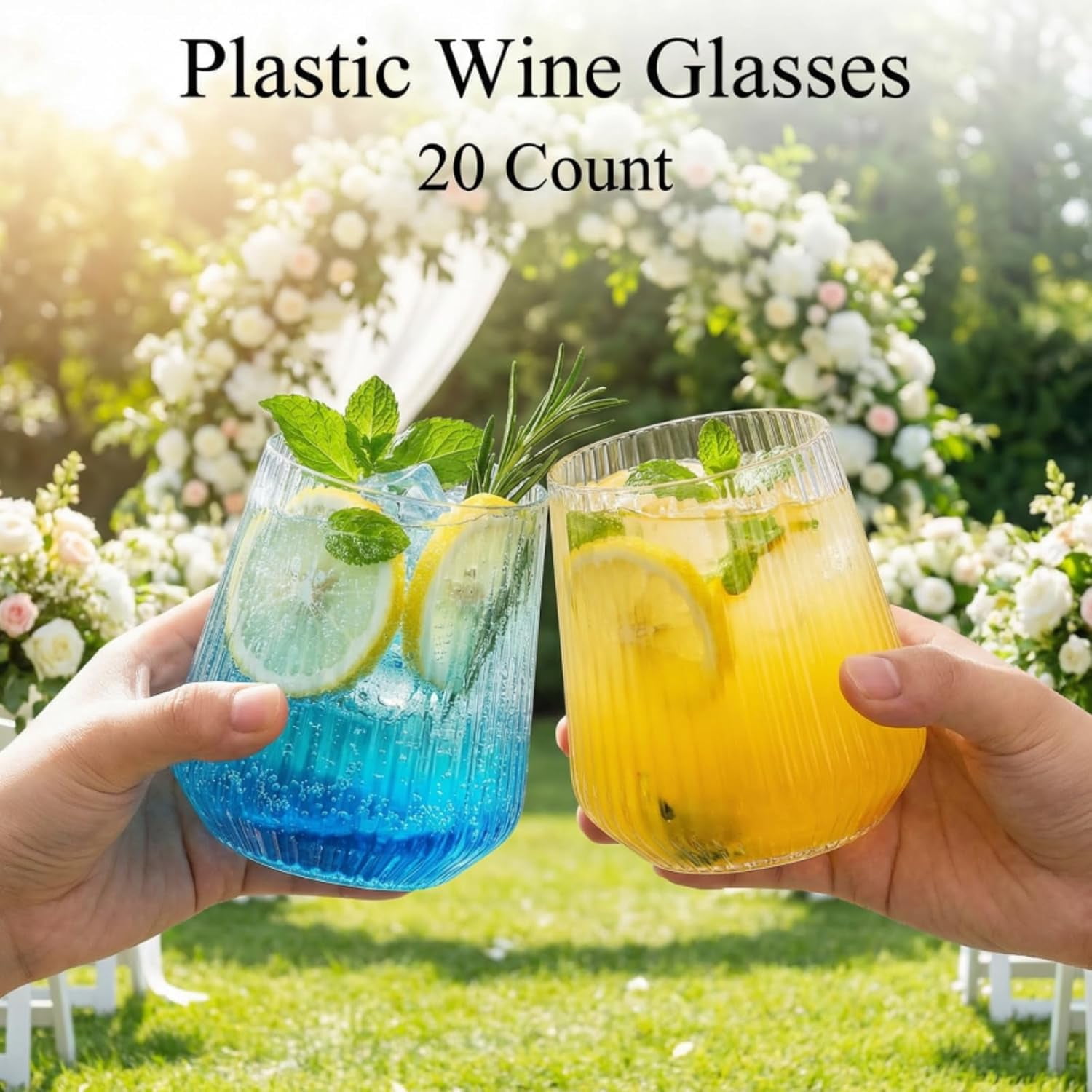 20 Pack Plastic Ribbed Wine Glasses, 12 Oz Unbreakable Stemless Cocktail Cups for Party, Disposable Reusable Origami Style Ridged Drinking Tumbler for Champagne Catering Wedding Picnic Bar