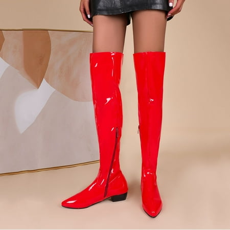 

Njoeus High Knee Boots Women Knee Boots Fall/Winter Candy Low Heel Patent Leather Side Zip Tall Over-The-Knee Boots Ankle Boots For Women