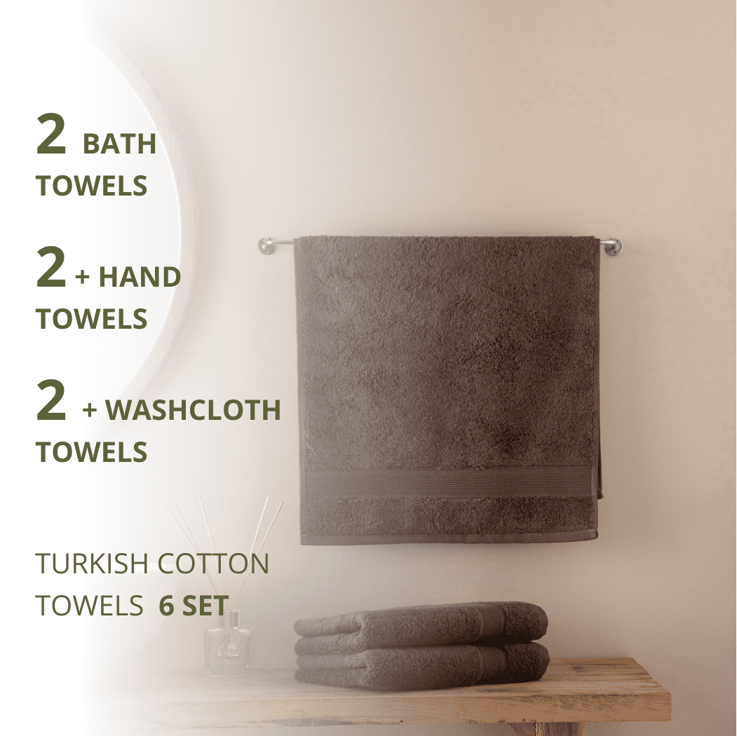 HOME ESSENTIALS 100% Cotton Luxury Turkish Wash Cloths and Bath Towels Set of 6, 600 GSM Lightweight Super Absorbent Travel Towels Pack, Quick Dry Towels for Spa, Hotel Bathroom Essentials, Brown