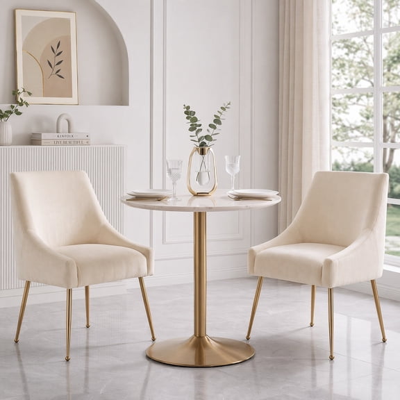 Modern Velvet Dining Chair with Gold Metal Legs, Upholstered Sponge Cushion Accent Chairs for Dining Room Bedroom Living Room, Set of 2 | Beige